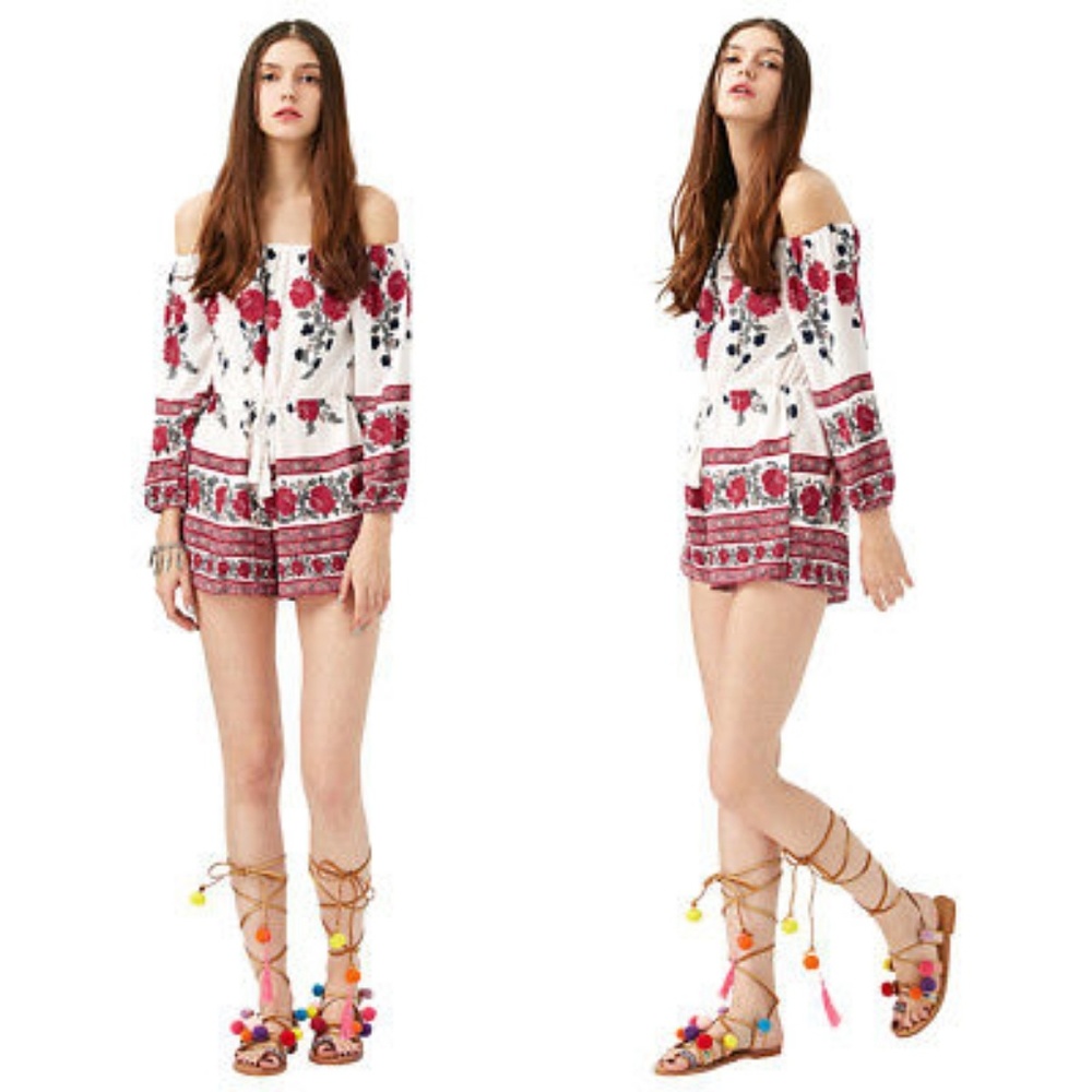 Off Shoulder Long Sleeve Red Floral Chiffon Romper - Picture 3 of 8